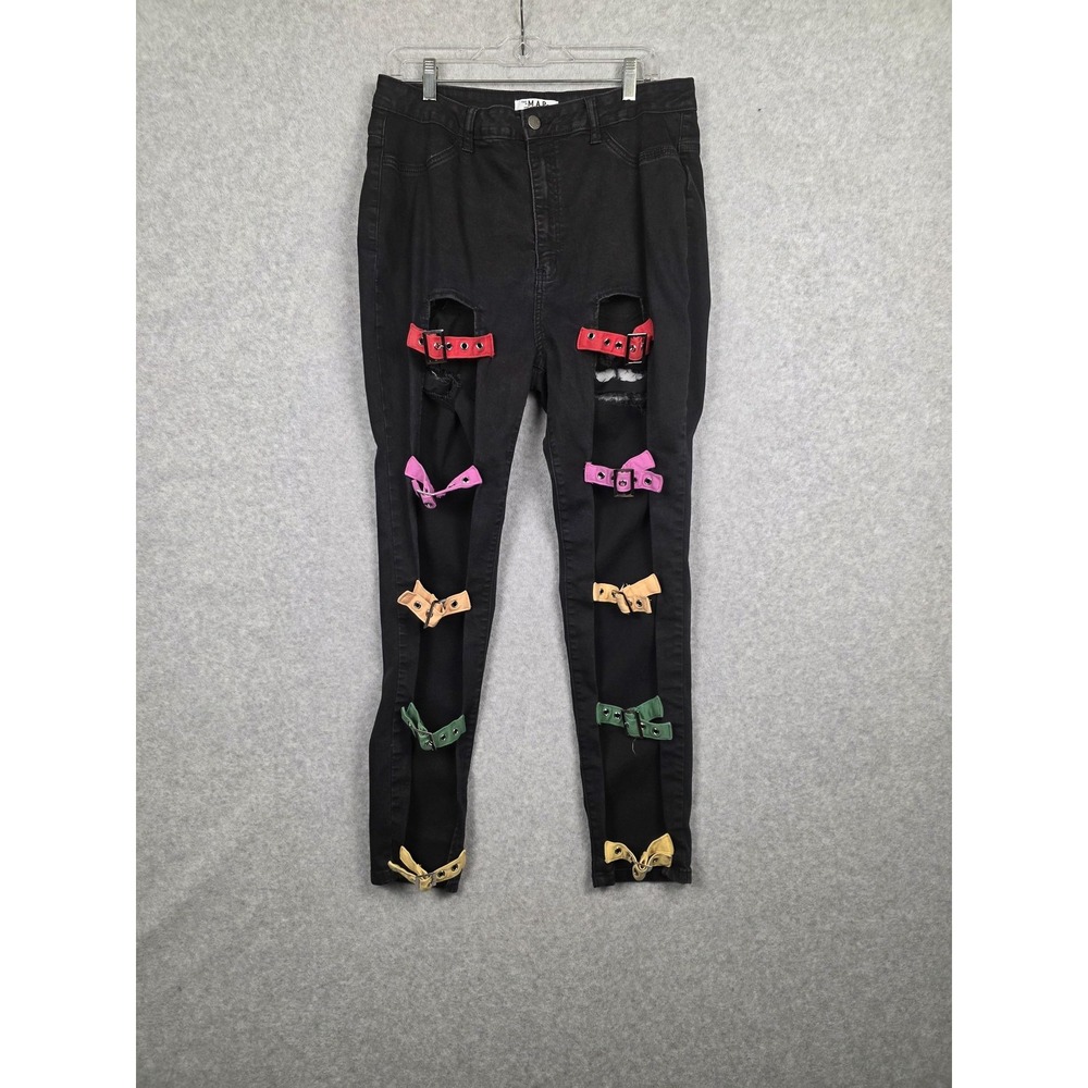 The MAP Jeans Womens 1XL 17 Black Distressed Buckle Rainbow Belts Skinny Pants